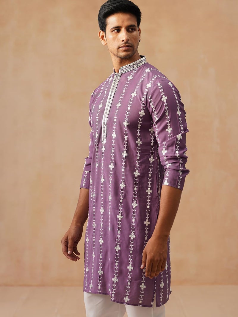 Jompers Classic Embroidered Kurta in Purple with Floral Pattern - Image 2