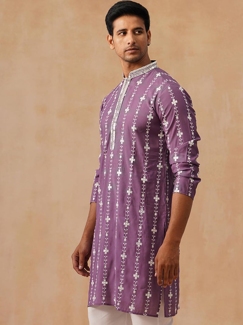 Jompers Classic Embroidered Kurta in Purple with Floral Pattern - Image 5