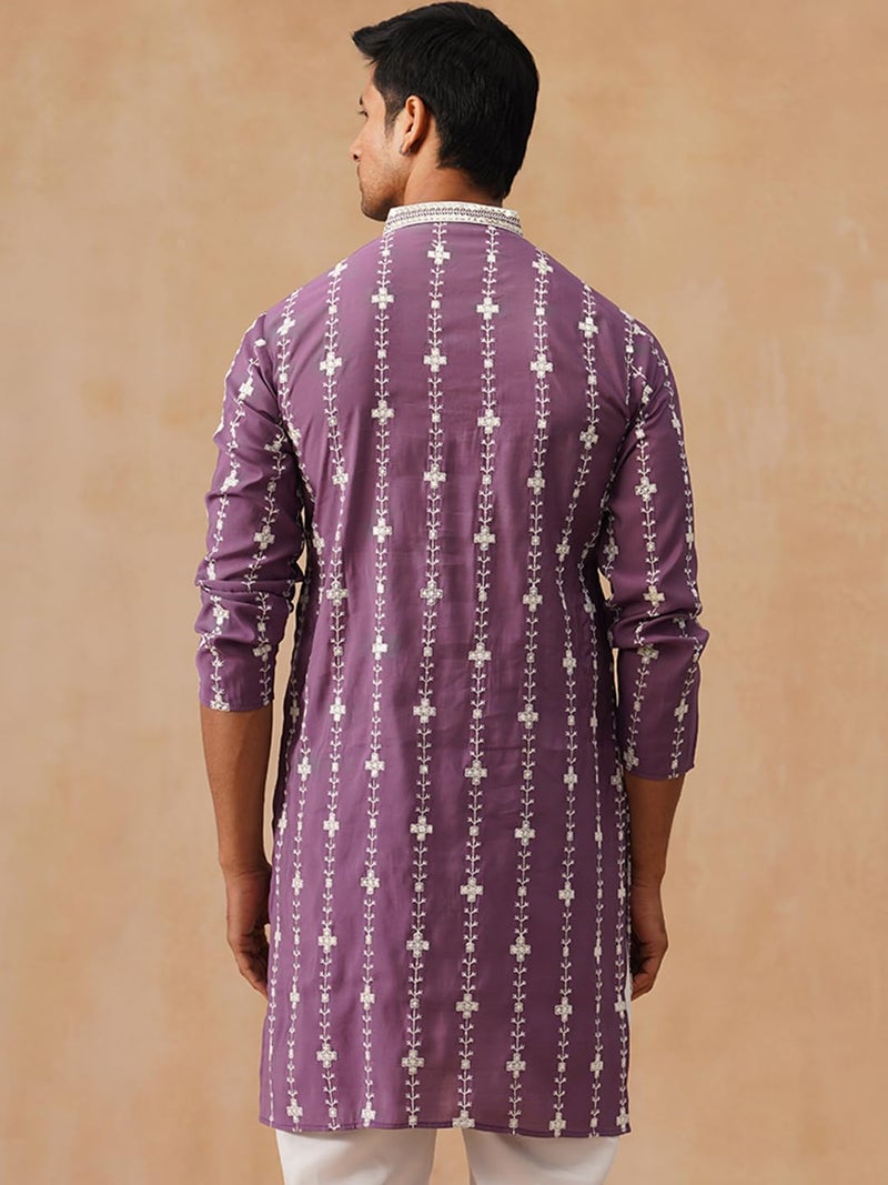 Jompers Classic Embroidered Kurta in Purple with Floral Pattern - Image 3