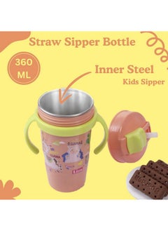 Nabhya Nabhya Snoozy Stainless Steel Sipper Water Bottle, BPA-Free Multi Cartoon Design Baby Sipper Kids Water Bottle with Straw and Both Side Handle Sipper Bottle for Kids (Orange)  - Image 4