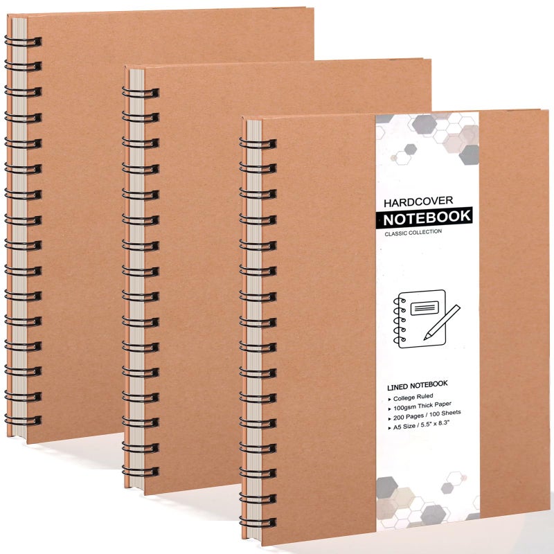 YOTNUS 3 Pack Spiral Notebooks 5.83"x8.27", 200 Pages/100 Sheets A5 Spiral Notebook Journal, with Kraft Hard Cover, Ruled Lined Paper, for Work, School, College Students, Gifts - Image 1