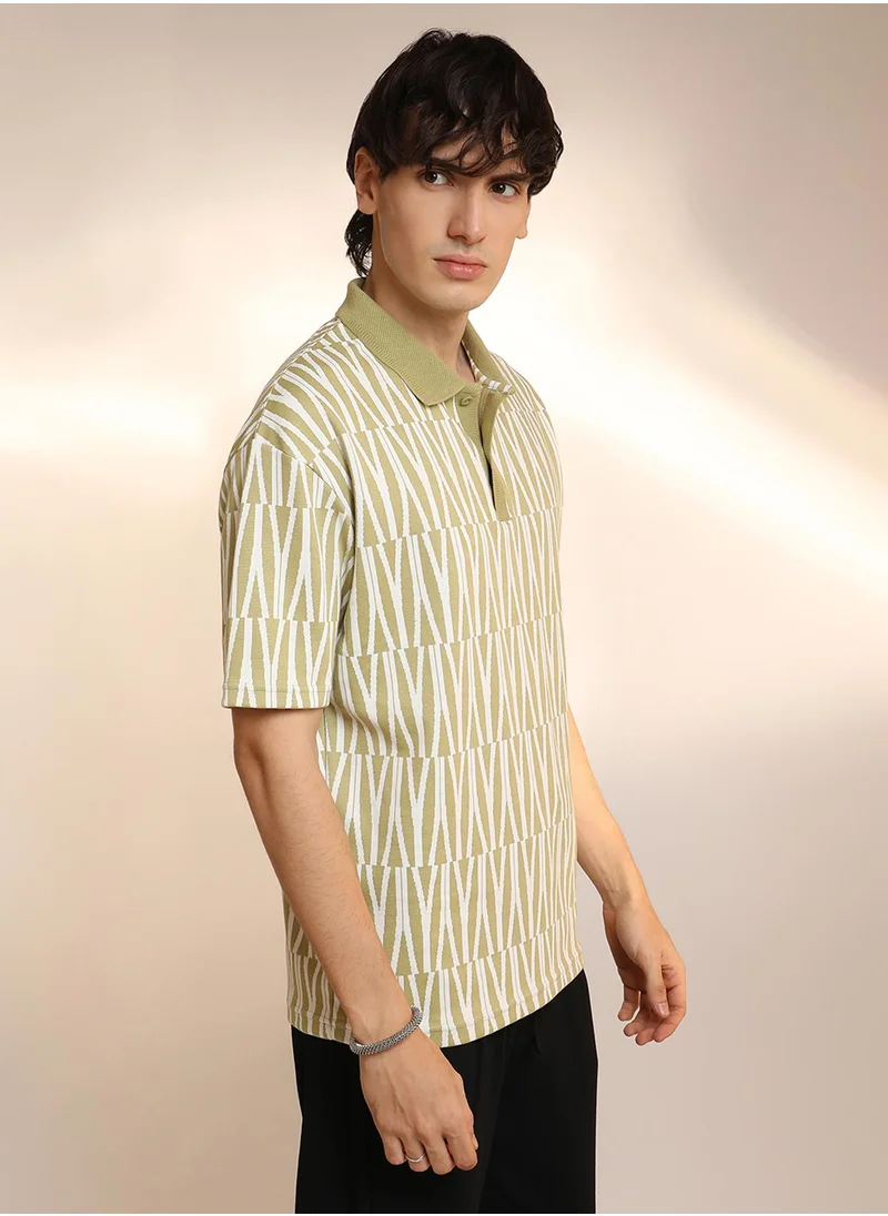 كامبوس سوترا Men's Olive Green Veined Polo T-Shirt