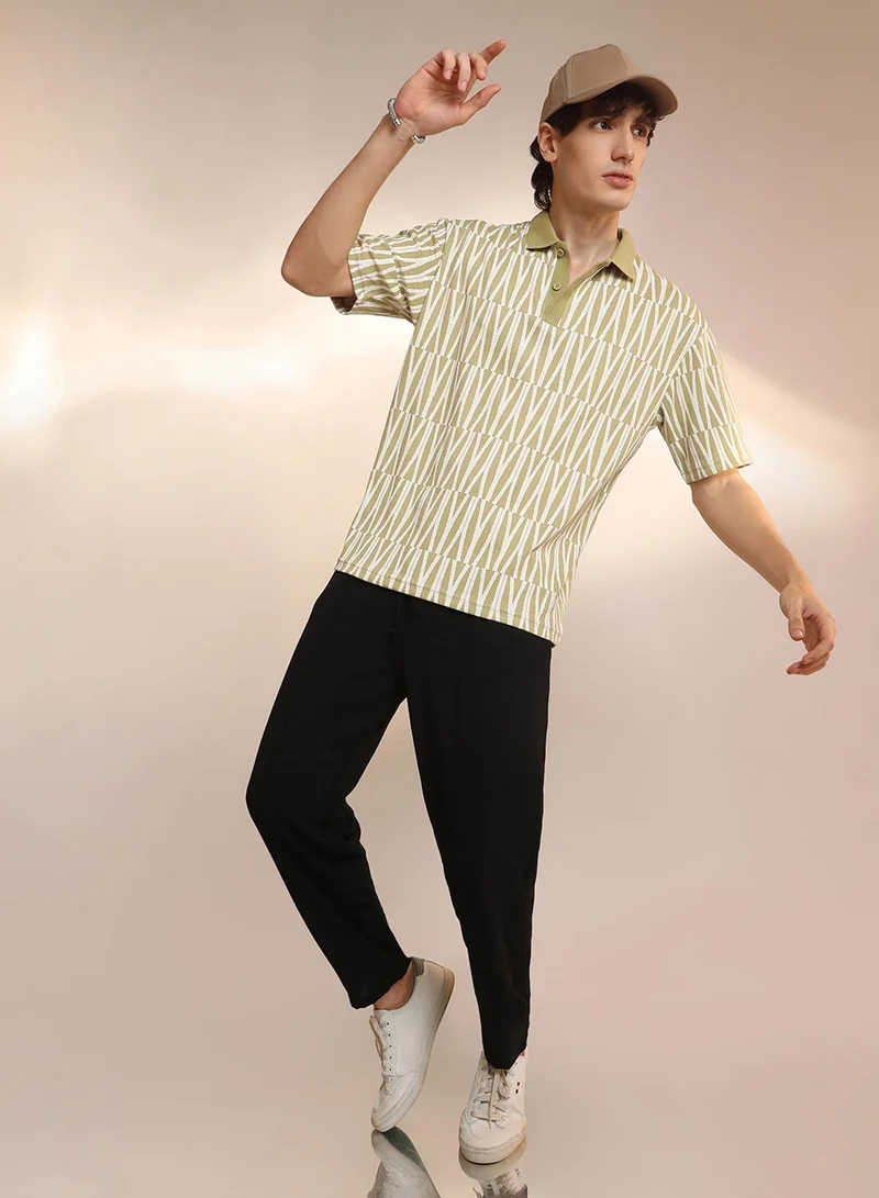 Campus Sutra Men's Olive Green Veined Polo T-Shirt