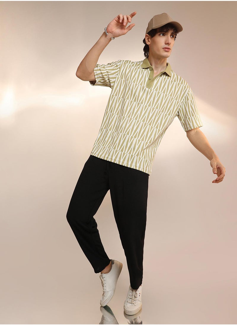 Campus Sutra Men's Olive Green Veined Polo T-Shirt  - Image 5