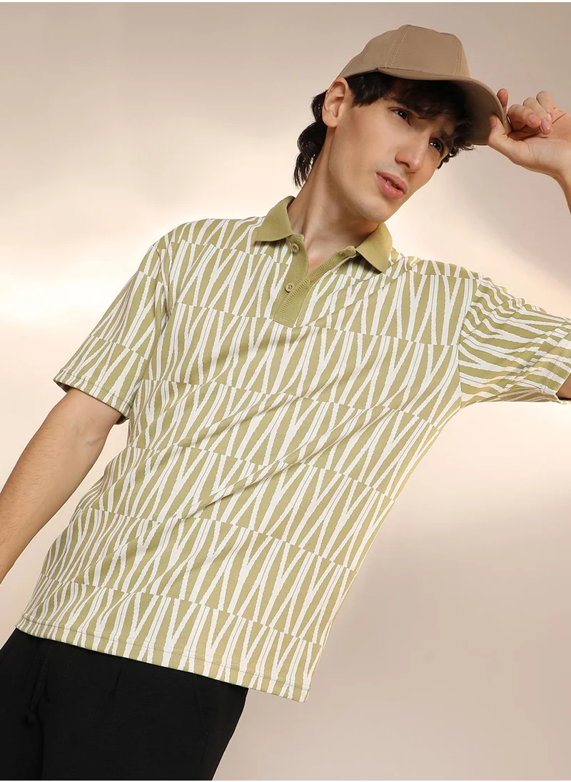 كامبوس سوترا Men's Olive Green Veined Polo T-Shirt