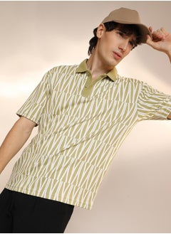 Campus Sutra Men's Olive Green Veined Polo T-Shirt  - Image 1