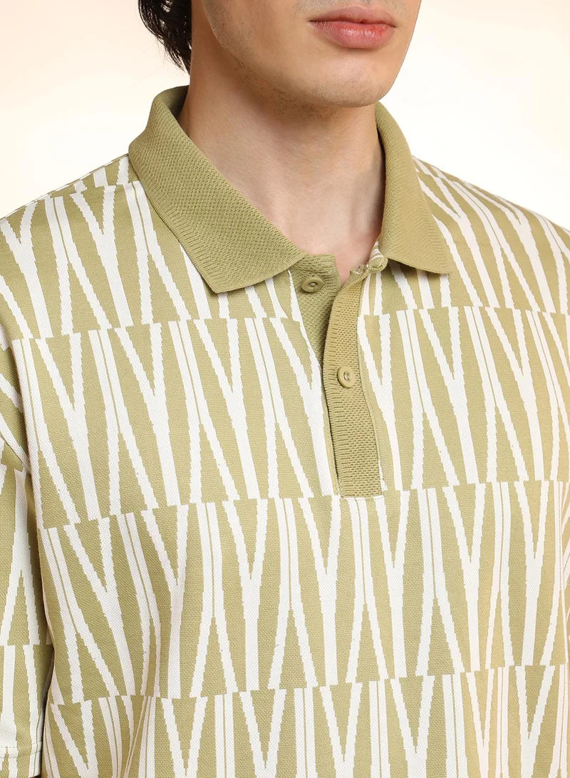 Campus Sutra Men's Olive Green Veined Polo T-Shirt