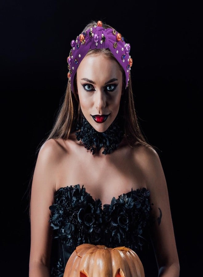 TULOBI Halloween Headband for Women Pearl Knotted Headband Pearl Rhinestone Crystal Jeweled Hairband Headpiece Holiday Outfits Gifts (Purple) - Image 2