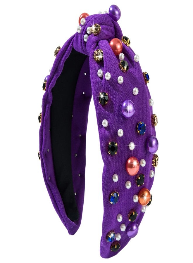 TULOBI Halloween Headband for Women Pearl Knotted Headband Pearl Rhinestone Crystal Jeweled Hairband Headpiece Holiday Outfits Gifts (Purple) - Image 1