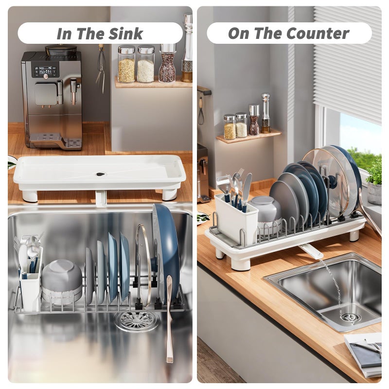SanDream Small Dish Drying Rack with Removable Utensil Holder & Anti-Scratch Base - Stainless Steel Dish Rack, Dish Drying Rack with Drainage & Space Saving Design for Kitchen Counter, White - Image 2