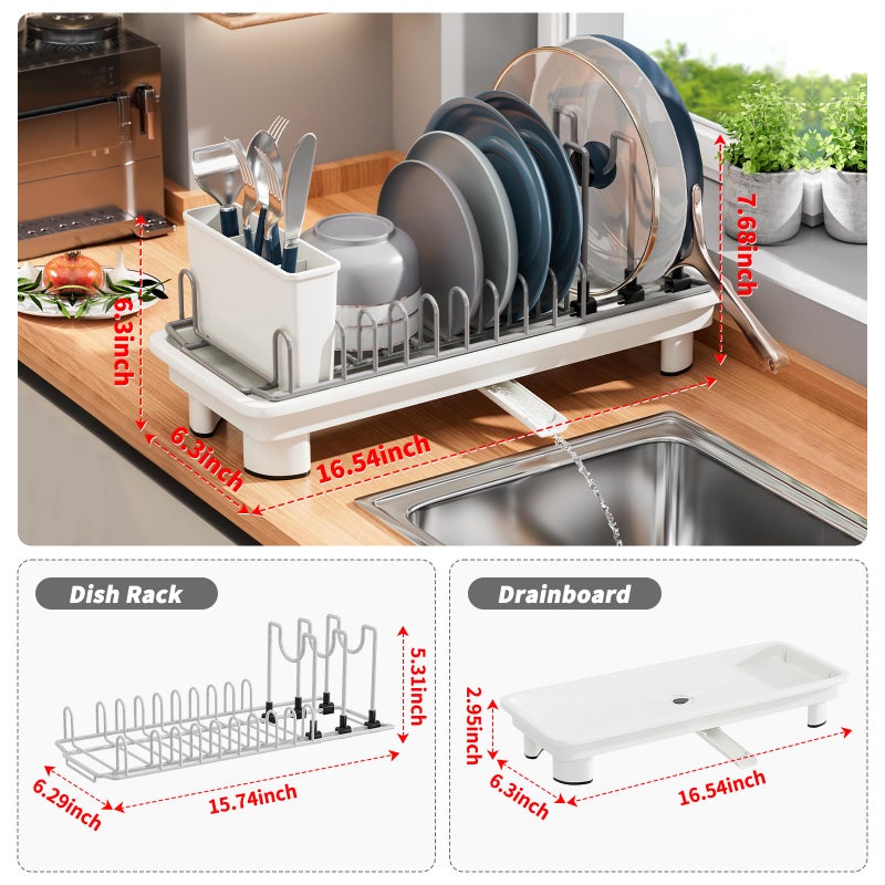 SanDream Small Dish Drying Rack with Removable Utensil Holder & Anti-Scratch Base - Stainless Steel Dish Rack, Dish Drying Rack with Drainage & Space Saving Design for Kitchen Counter, White - Image 3