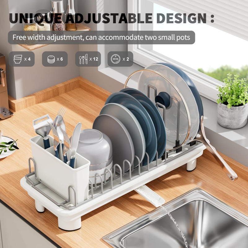 SanDream Small Dish Drying Rack with Removable Utensil Holder & Anti-Scratch Base - Stainless Steel Dish Rack, Dish Drying Rack with Drainage & Space Saving Design for Kitchen Counter, White - Image 4