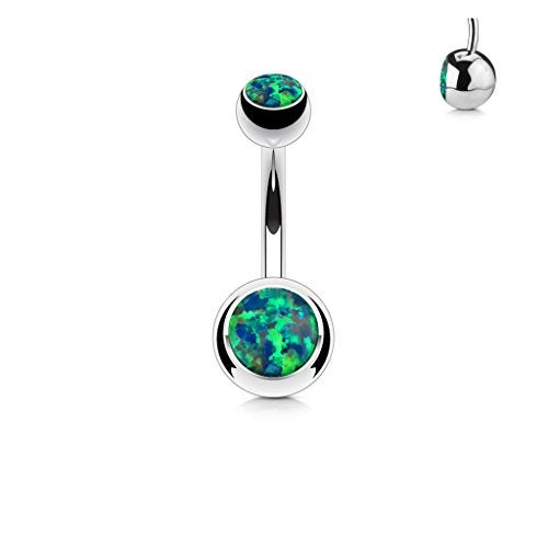 FIFTH CUE Opal Set Double Jeweled 316L Surgical Steel Naval Belly Button Ring (Opal Green) - Image 2