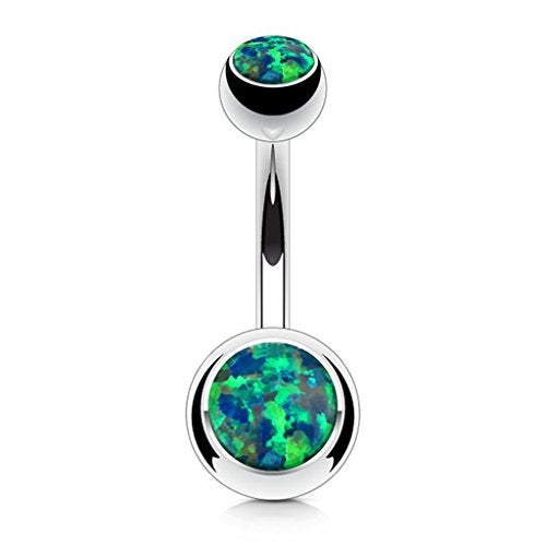 FIFTH CUE Opal Set Double Jeweled 316L Surgical Steel Naval Belly Button Ring (Opal Green) - Image 1