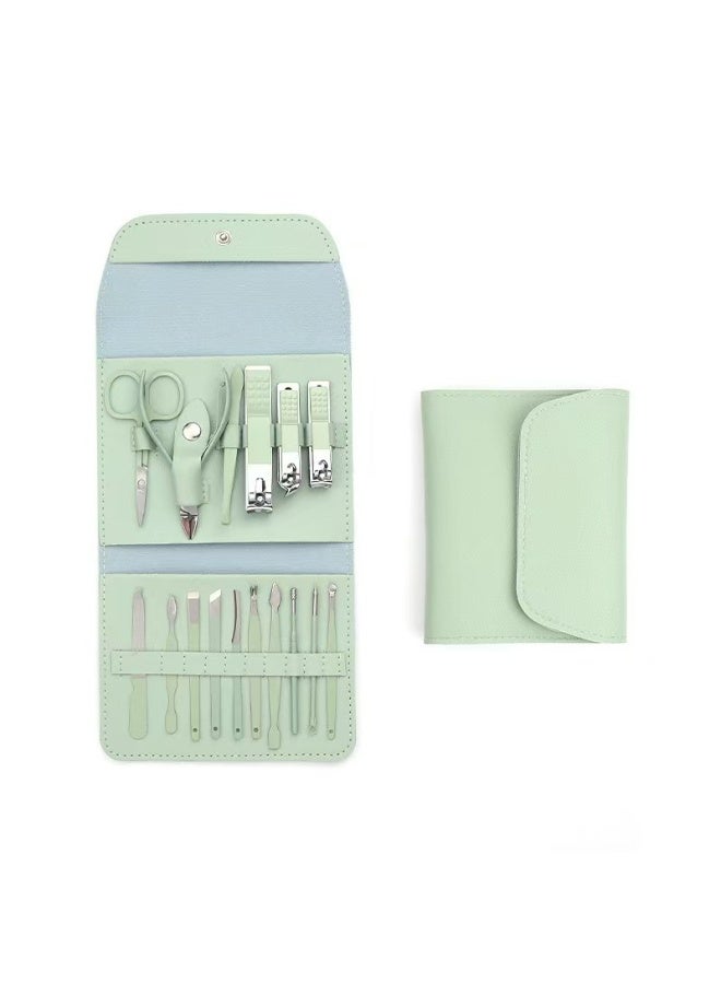 16-piece Nail Art Set, Matcha Green Folding Bag, Nail Clippers Set, Nail and Eyebrow Shaping Tool Set, Manicure and Pedicure Set - Image 1
