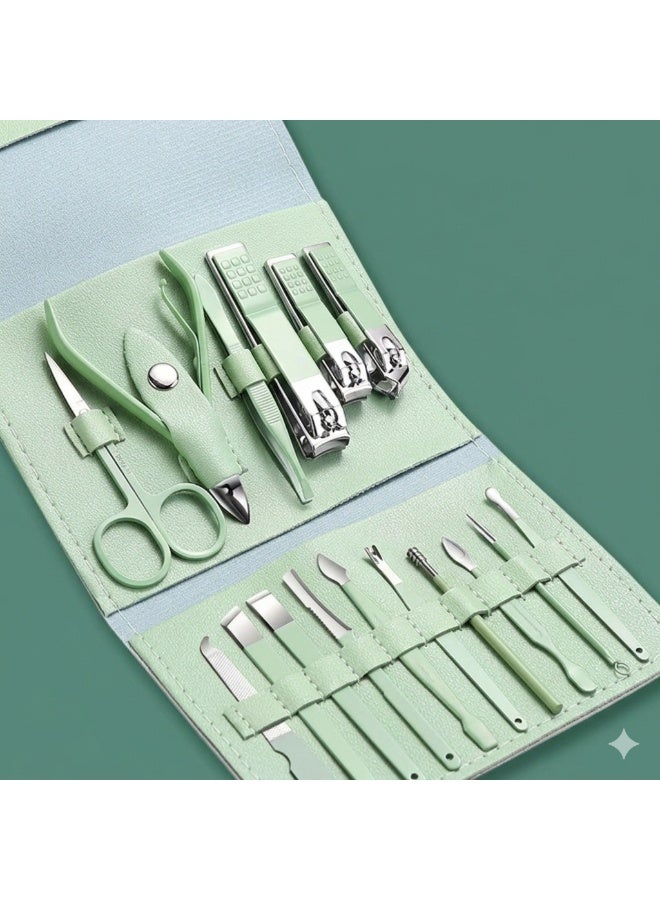 16-piece Nail Art Set, Matcha Green Folding Bag, Nail Clippers Set, Nail and Eyebrow Shaping Tool Set, Manicure and Pedicure Set - Image 5