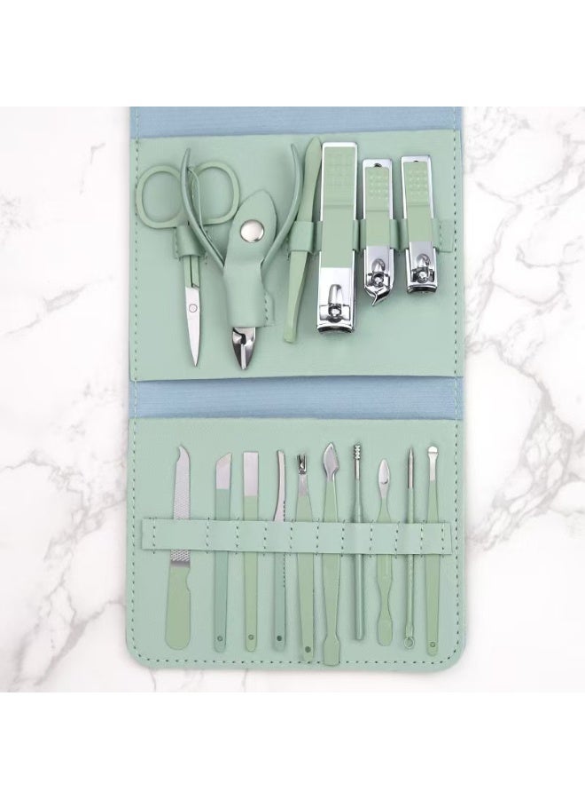 16-piece Nail Art Set, Matcha Green Folding Bag, Nail Clippers Set, Nail and Eyebrow Shaping Tool Set, Manicure and Pedicure Set - Image 3