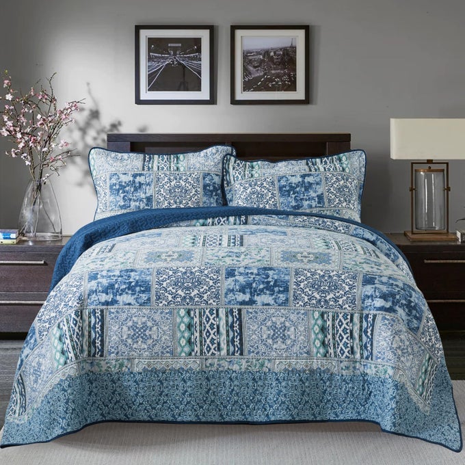 COTTON BEDSPREAD QUILT SETSREVERSIBLE PATCHWORK COVERLET SET BLUE CLASSIC BOHEMIAN PATTERNCALIFORNIA KING SIZE