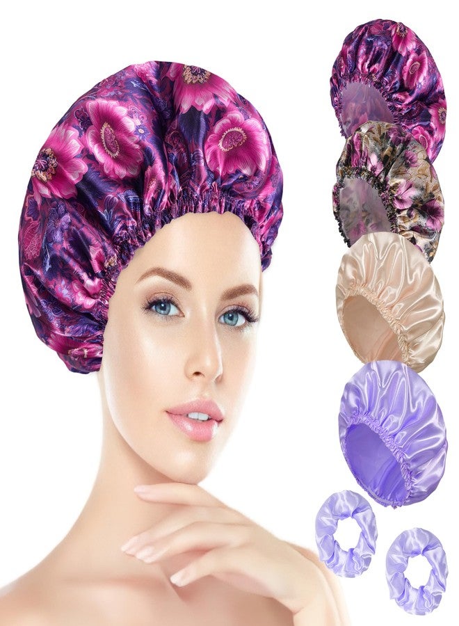 Happtiger Shower Cap for Women Set of 4, Bath Caps, Double Layers Hair Caps + 2 Satin Hair Scrunchies, Reusable Waterproof Shower Caps, Elastic Hair Cap for Shower - Pattern C - Image 1