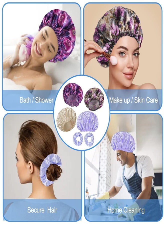 Happtiger Shower Cap for Women Set of 4, Bath Caps, Double Layers Hair Caps + 2 Satin Hair Scrunchies, Reusable Waterproof Shower Caps, Elastic Hair Cap for Shower - Pattern C - Image 2