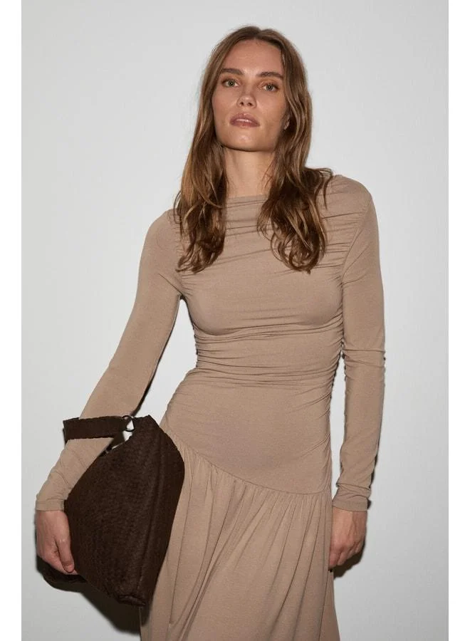 Ethiquet  COMMENY women's ballet‑collared dress with stretchy fabric, body‑fitting, and pleated detail in beige. for Women | Best Price UAE