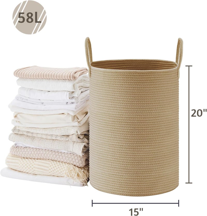 VIPOSCO Large Laundry Hamper, Tall Woven Rope Storage Basket for Blanket, Toys, Dirty Clothes in Living Room, Bathroom, Bedroom - 58L Jute - Image 5