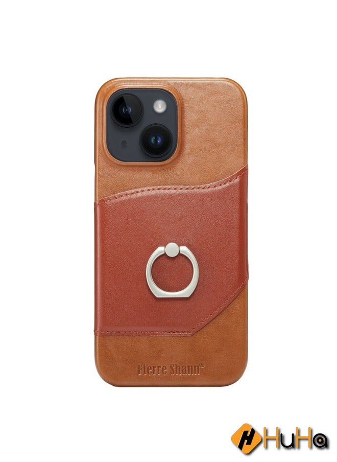 Generic - Case Cover For iPhone 15 Fierre Shann Oil Wax Texture Genuine Leather Back Cover Phone Case Brown - Image 1
