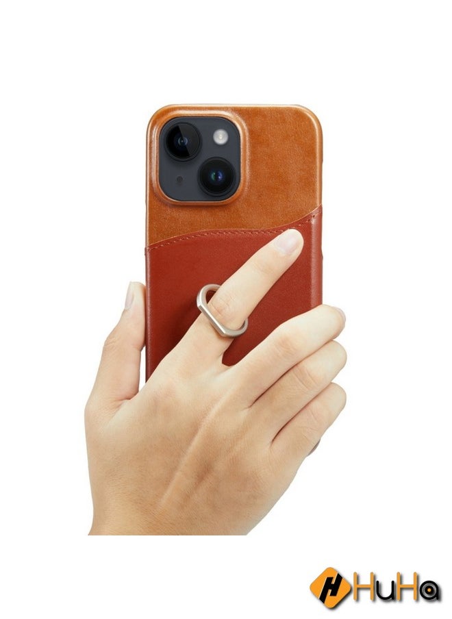 Generic - Case Cover For iPhone 15 Fierre Shann Oil Wax Texture Genuine Leather Back Cover Phone Case Brown - Image 1