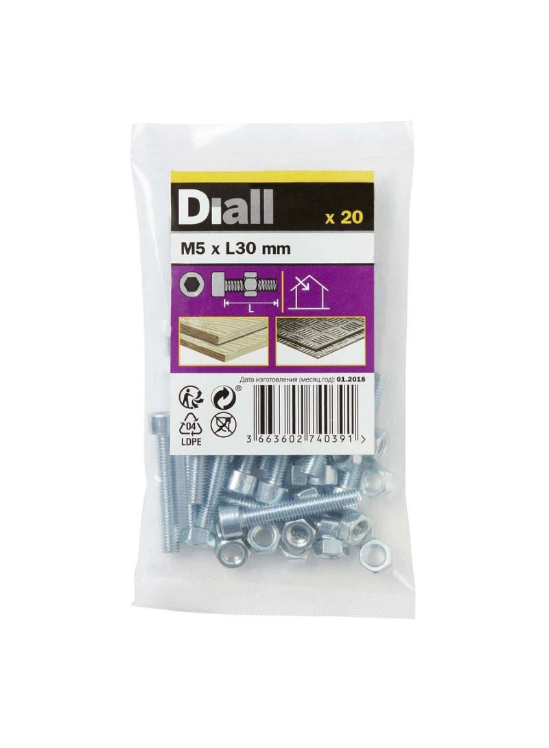 ACE Diall M5 Cylindrical Carbon Steel Set Screw And Nut 30mm 20Pcs
