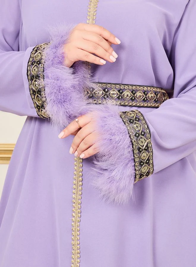 Styli Plus Faux Feather Trim Embroidered Lace Belted Jalabiya
