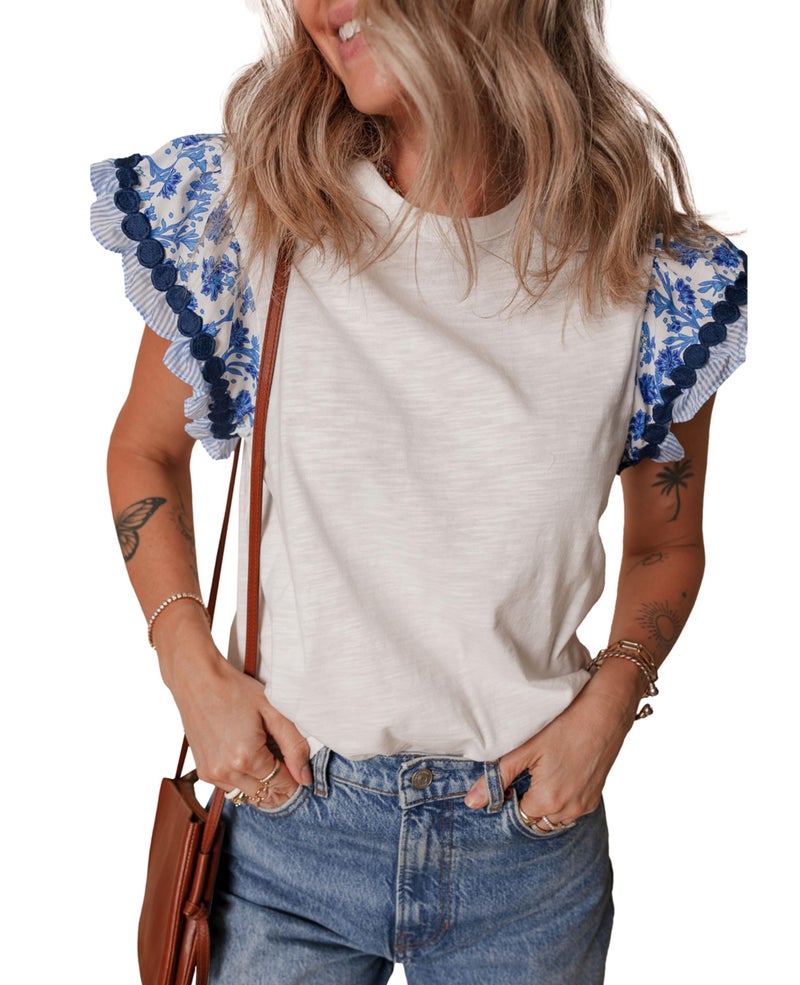 SELINK Womens Summer Ruffle Short Sleeve Top Crewneck T Shirts Floral Trim Casual Blouses Blue-S - Image 1