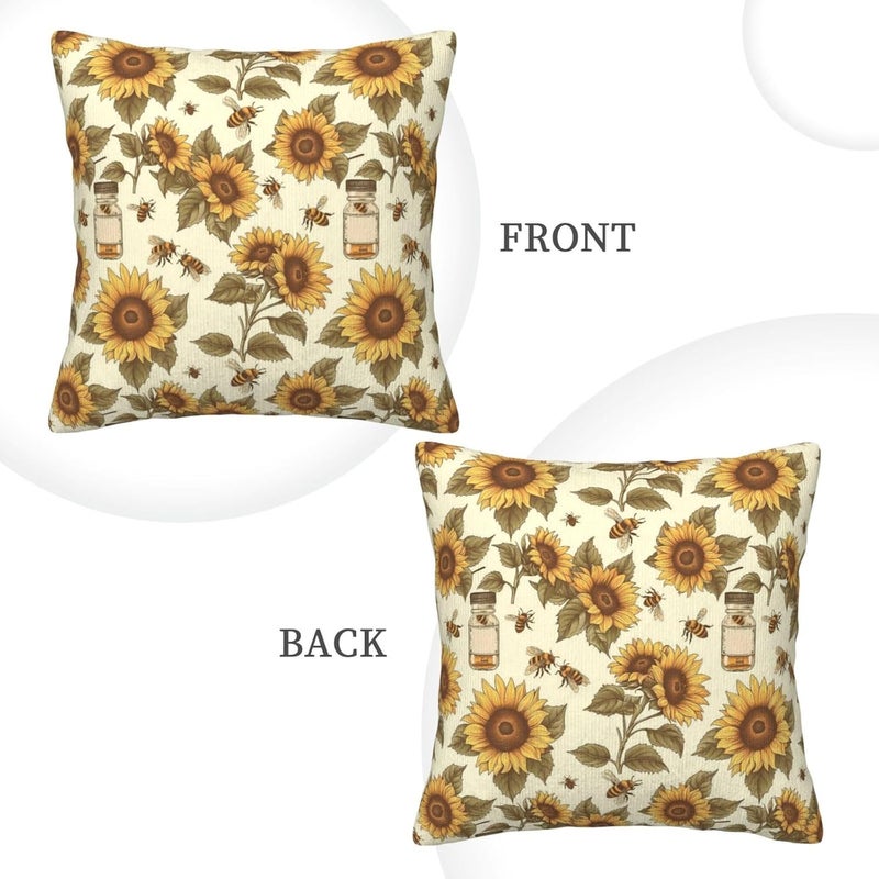Doodle-Style Sunflowers and Bees Print Corduroy Throw Pillow Covers 20"x20" Soft Spring Decorative Pillowcase for Sofa Couch Bed Living Room Farmhouse Decor - Image 4