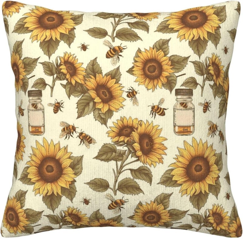 Doodle-Style Sunflowers and Bees Print Corduroy Throw Pillow Covers 20"x20" Soft Spring Decorative Pillowcase for Sofa Couch Bed Living Room Farmhouse Decor - Image 2