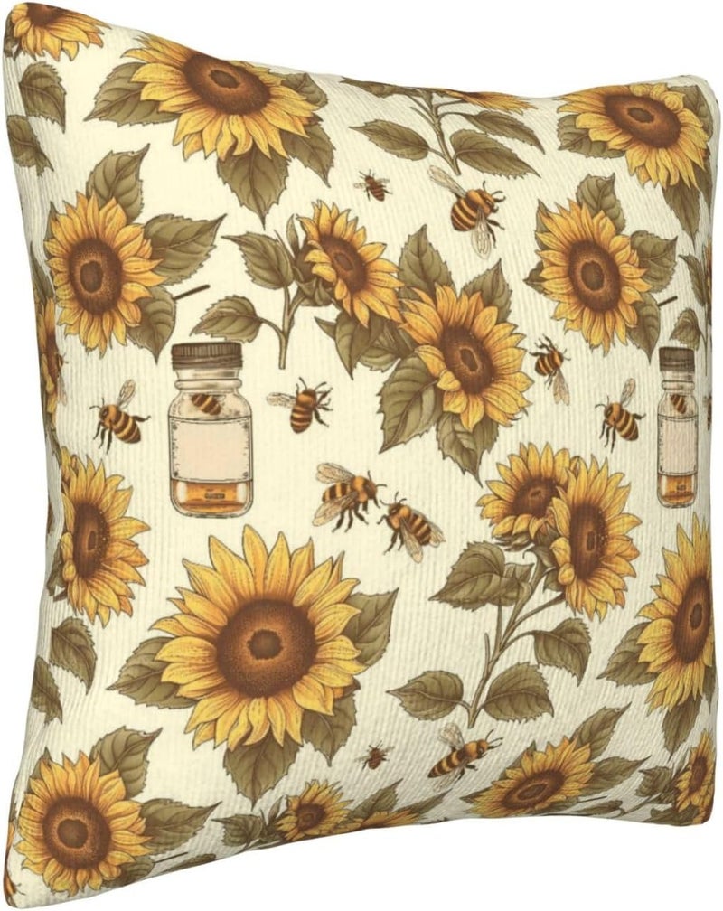 Doodle-Style Sunflowers and Bees Print Corduroy Throw Pillow Covers 20"x20" Soft Spring Decorative Pillowcase for Sofa Couch Bed Living Room Farmhouse Decor - Image 3