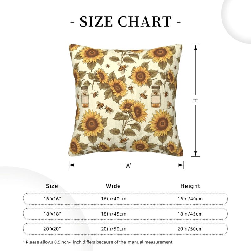 Doodle-Style Sunflowers and Bees Print Corduroy Throw Pillow Covers 20"x20" Soft Spring Decorative Pillowcase for Sofa Couch Bed Living Room Farmhouse Decor - Image 5