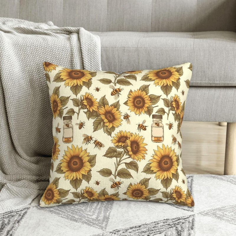 Doodle-Style Sunflowers and Bees Print Corduroy Throw Pillow Covers 20"x20" Soft Spring Decorative Pillowcase for Sofa Couch Bed Living Room Farmhouse Decor - Image 1