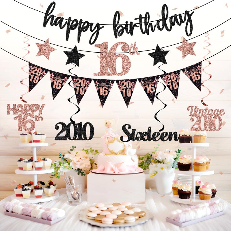 Guiruiy 12PCS Sweet 16 Party Decorations for Girls Women, Rose Gold Vintage 2010 Happy 16th Birthday Banner Triangle Flag Banner Glitter Hanging Swirls Party Supplies, Sweet Sixteen Years Old Bday Decor - Image 5