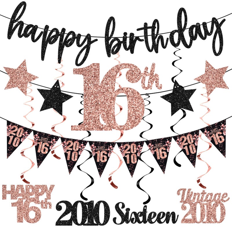 Guiruiy 12PCS Sweet 16 Party Decorations for Girls Women, Rose Gold Vintage 2010 Happy 16th Birthday Banner Triangle Flag Banner Glitter Hanging Swirls Party Supplies, Sweet Sixteen Years Old Bday Decor - Image 1