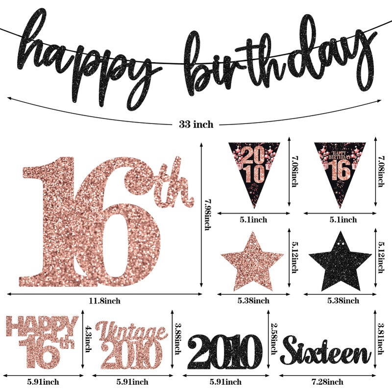 Guiruiy 12PCS Sweet 16 Party Decorations for Girls Women, Rose Gold Vintage 2010 Happy 16th Birthday Banner Triangle Flag Banner Glitter Hanging Swirls Party Supplies, Sweet Sixteen Years Old Bday Decor - Image 2