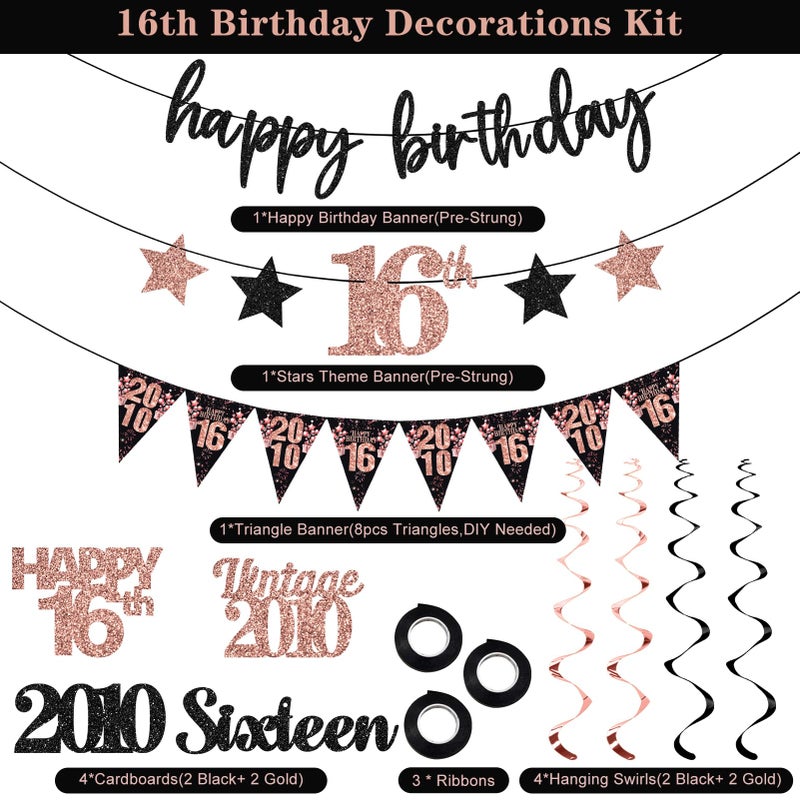 Guiruiy 12PCS Sweet 16 Party Decorations for Girls Women, Rose Gold Vintage 2010 Happy 16th Birthday Banner Triangle Flag Banner Glitter Hanging Swirls Party Supplies, Sweet Sixteen Years Old Bday Decor - Image 3