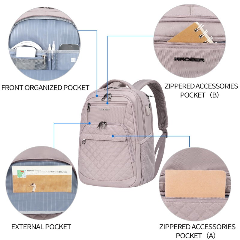 KROSER Travel Laptop Backpack 17 Inch Large Computer Backpack Water-Repellent Daypack with USB Charging Port & Headphone Interface RFID Pockets for Work/Business/College/Men/Women Dusty Pink(Quilted) - Image 2
