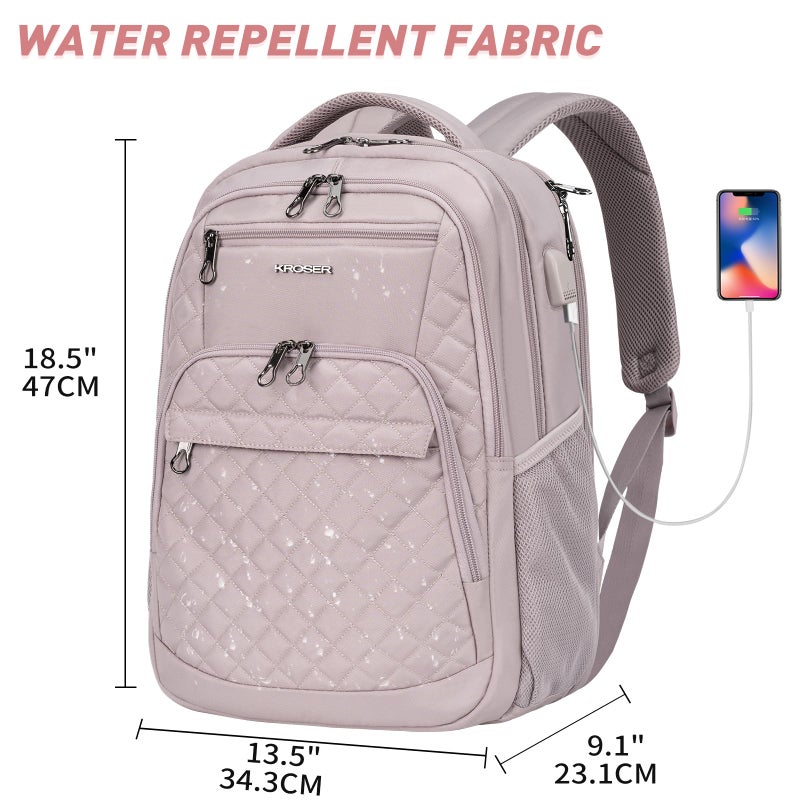 KROSER Travel Laptop Backpack 17 Inch Large Computer Backpack Water-Repellent Daypack with USB Charging Port & Headphone Interface RFID Pockets for Work/Business/College/Men/Women Dusty Pink(Quilted) - Image 5