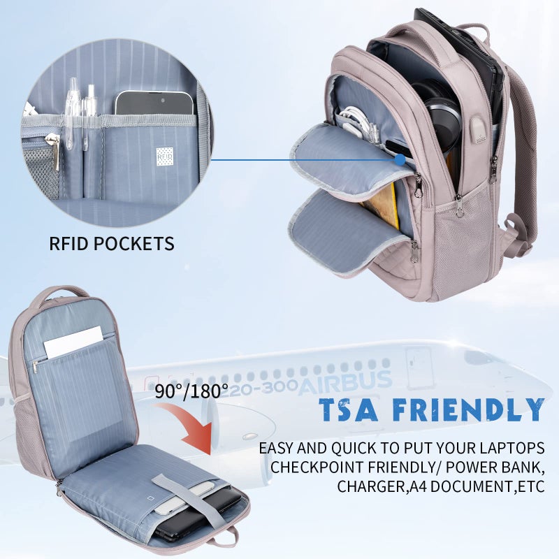 KROSER Travel Laptop Backpack 17 Inch Large Computer Backpack Water-Repellent Daypack with USB Charging Port & Headphone Interface RFID Pockets for Work/Business/College/Men/Women Dusty Pink(Quilted) - Image 4