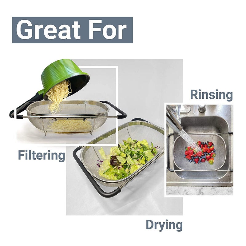 JEEJEX Over The Sink Colander Strainer Basket Stainless Steel for Kitchen Sink with Rubber Grip Fine Mesh Stainless Steel Large Expandable Metal Strainer for Pasta Food Vegetable Rinse Fruits - Image 3