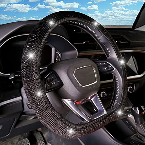 LoyaForba Car Bling Rhinestones Steering Wheel Cover with Sparkling Crystal Dimond Antislip Steering Wheel Protector 15 inch Elastic Universal for Cars Vehicles SUVs Bling Car Interior Accessories Black - Image 1