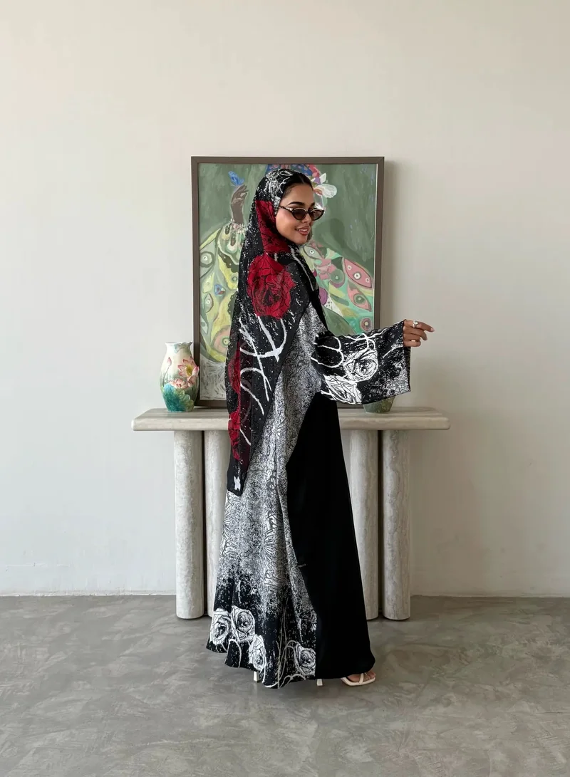 Lusin Abaya Black indian Silk Abaya with Printed Back, Sleeves & Veil