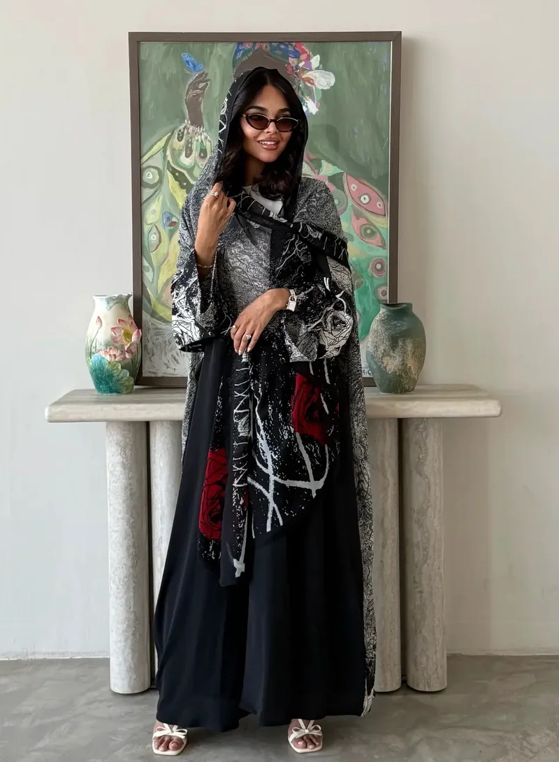 Lusin Abaya Black indian Silk Abaya with Printed Back, Sleeves & Veil