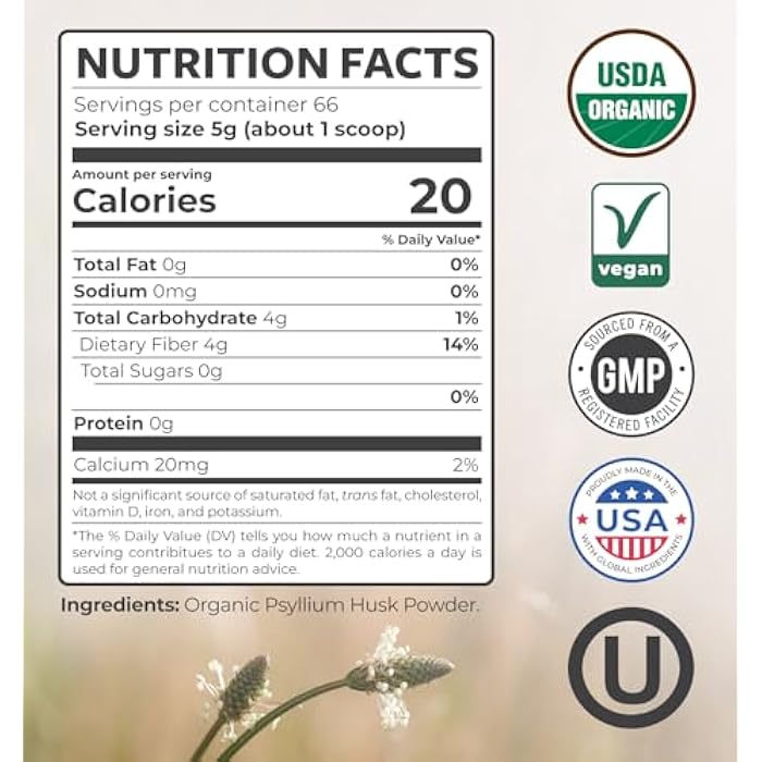 PURE CO Psyllium Husk Powder Organic Certified - Finely Ground Whole Psyllium Husk Organic Fiber Powder for Baking Smoothies & More - Vegan Gluten Free Non-GMO & Filler Free Soluble Fiber (66 Servings) - Image 5