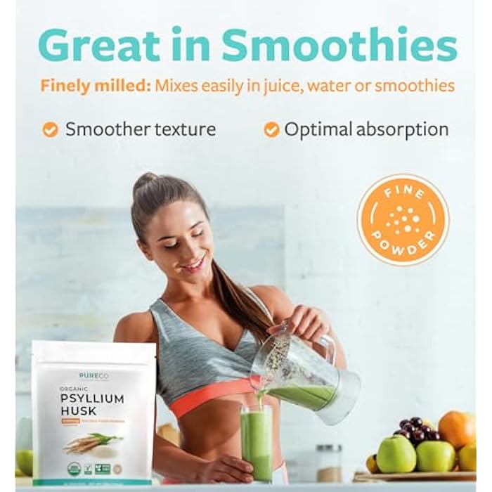 PURE CO Psyllium Husk Powder Organic Certified - Finely Ground Whole Psyllium Husk Organic Fiber Powder for Baking Smoothies & More - Vegan Gluten Free Non-GMO & Filler Free Soluble Fiber (66 Servings) - Image 3
