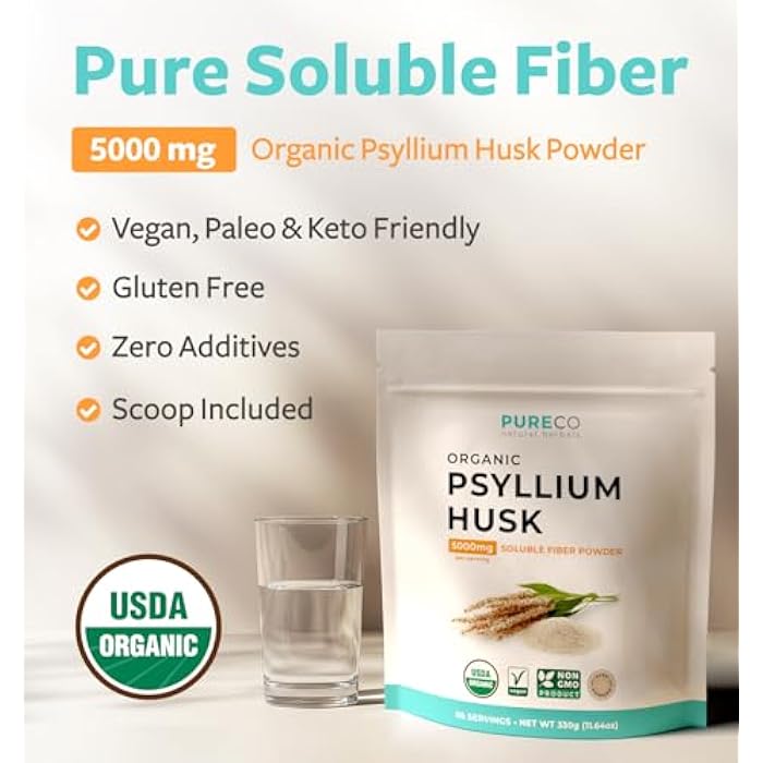 PURE CO Psyllium Husk Powder Organic Certified - Finely Ground Whole Psyllium Husk Organic Fiber Powder for Baking Smoothies & More - Vegan Gluten Free Non-GMO & Filler Free Soluble Fiber (66 Servings) - Image 2